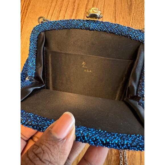 Vintage Blue Metallic Iridescent Evening Clutch Bag With Strap & Floral Clasp - Picture 7 of 8